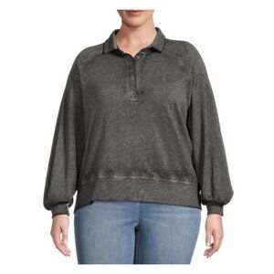 Terra & Sky Henley Top Womens Size 0X 14W Black Comfy Fleece Casual Minimalist